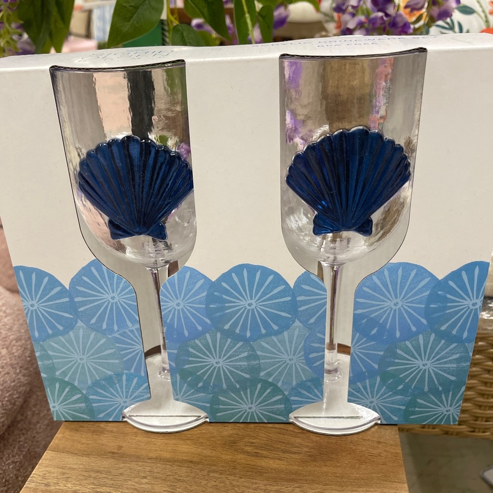 Blue Seashell Mermaid Acrylic Outdoor Drinking Glasses Pool Party Set of 2 NWT